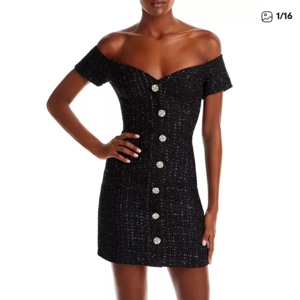 AQUA Black Tweed Mini Dress Off Shoulder Party Cocktail Rhinestone Buttons M